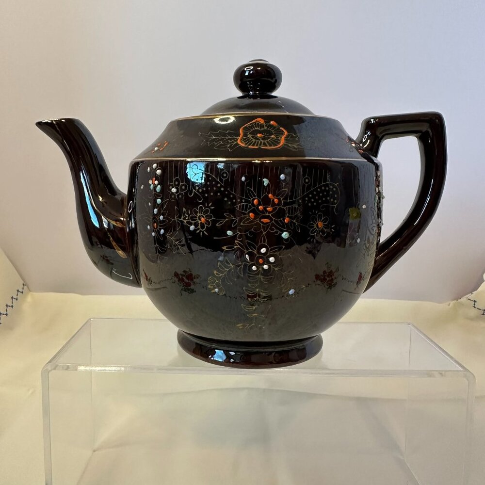 1940 - 1950's Vintage Japanese Moriage Teapot Brown Betty Style Glazed Gold Trim